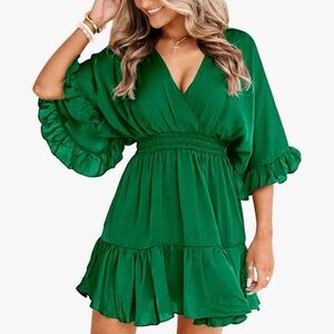 Ayosky V Neck Ruffle Dress - green or black